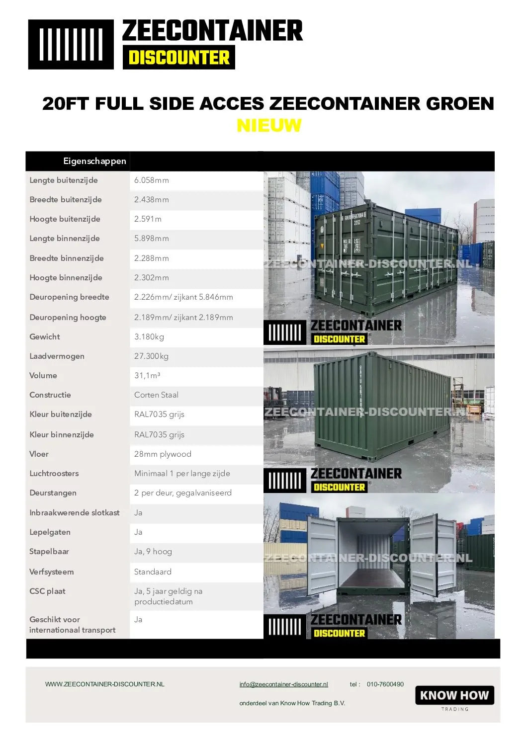 20ft Open-Side (FSA) Zeecontainer  – RAL 6007 Groen – Nieuw (CSC) - Zeecontainer Discounter