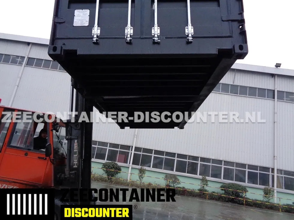 20ft Open-Side (FSA) Zeecontainer  – RAL 9005 Zwart – Nieuw (CSC) - Zeecontainer Discounter