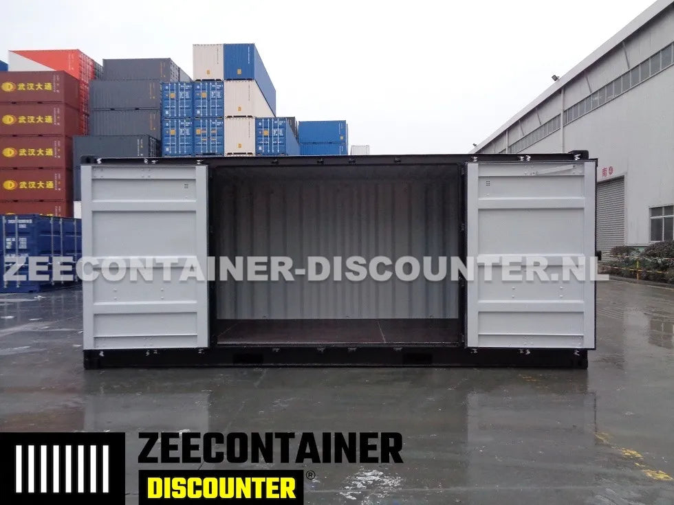 20ft Open-Side (FSA) Zeecontainer  – RAL 9005 Zwart – Nieuw (CSC) - Zeecontainer Discounter