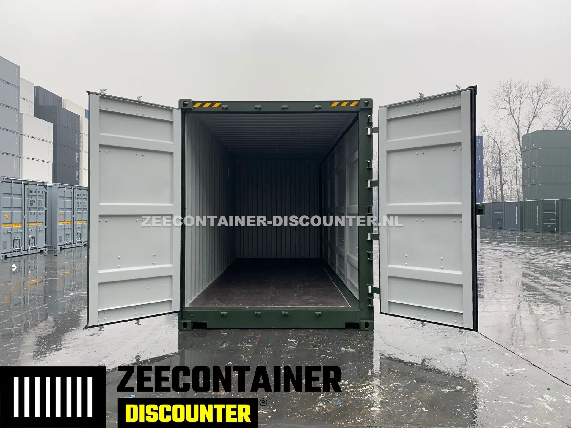 20ft High-Cube Open-Side Zeecontainer (HC-FSA) – RAL 6007 Groen – Nieuw (CSC) - Zeecontainer Discounter