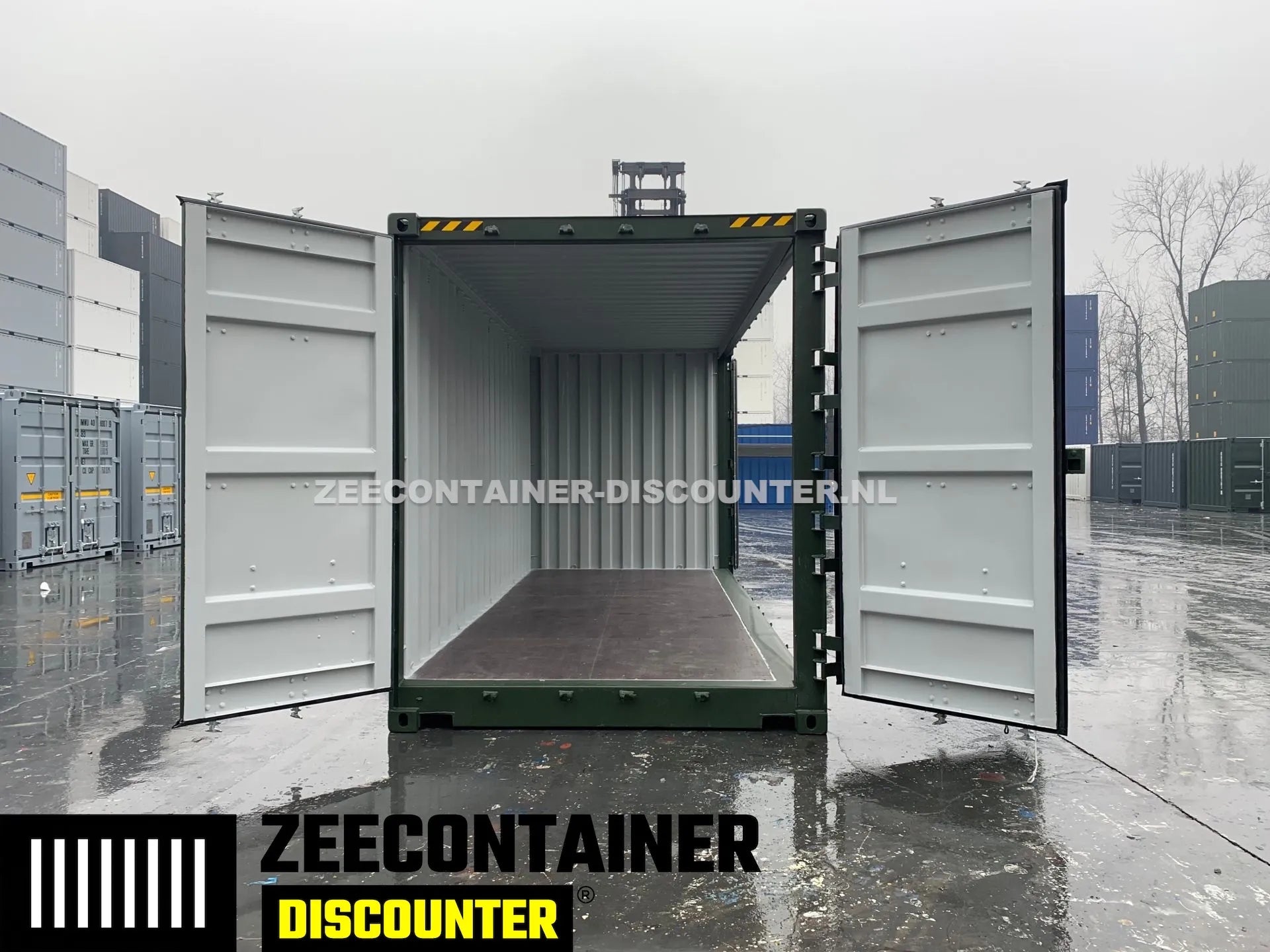 20ft High-Cube Open-Side Zeecontainer (HC-FSA) – RAL 6007 Groen – Nieuw (CSC) - Zeecontainer Discounter