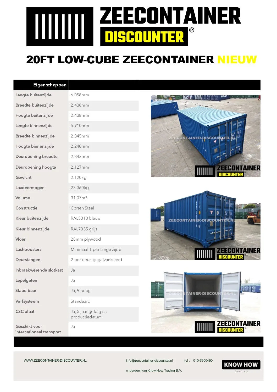 20ft Low-Cube Zeecontainer – RAL 5010 Blauw – Nieuw (CSC) - Zeecontainer Discounter