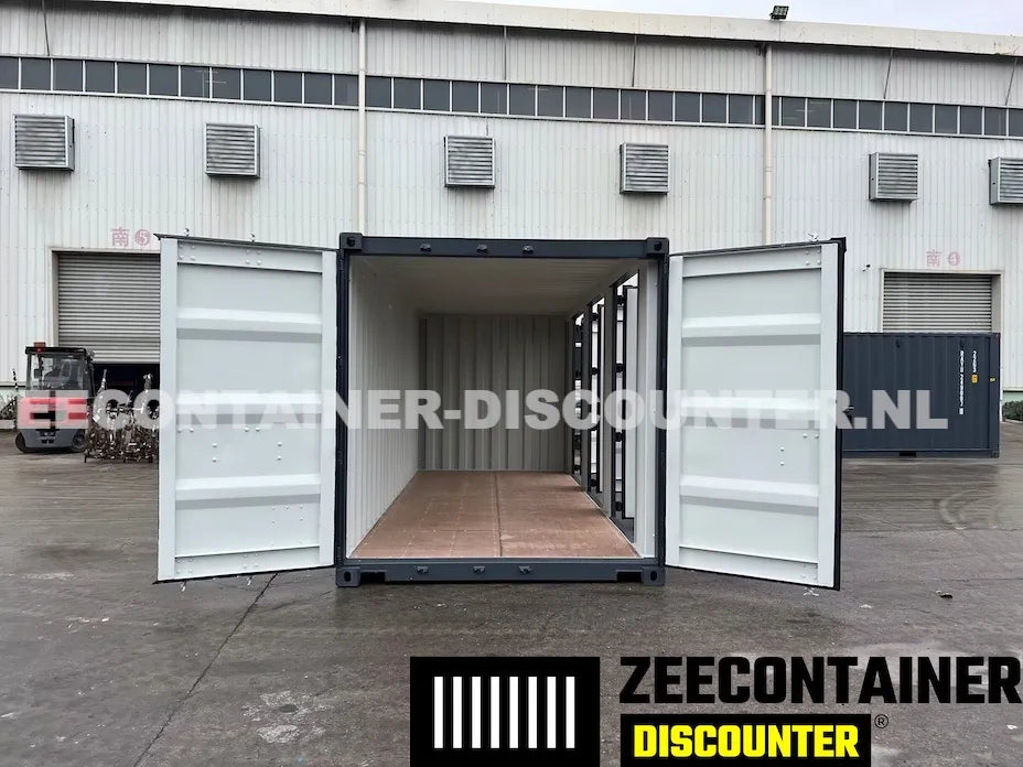 20ft Zeecontainer met 3 Zijdeuren – RAL 7016 Antracietgrijs – Nieuw (CSC) - Zeecontainer Discounter