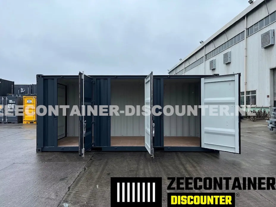 20ft Zeecontainer met 3 Zijdeuren – RAL 7016 Antracietgrijs – Nieuw (CSC) - Zeecontainer Discounter