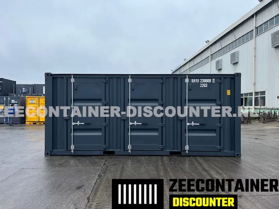 20ft Zeecontainer met 3 Zijdeuren – RAL 7016 Antracietgrijs – Nieuw (CSC) - Zeecontainer Discounter