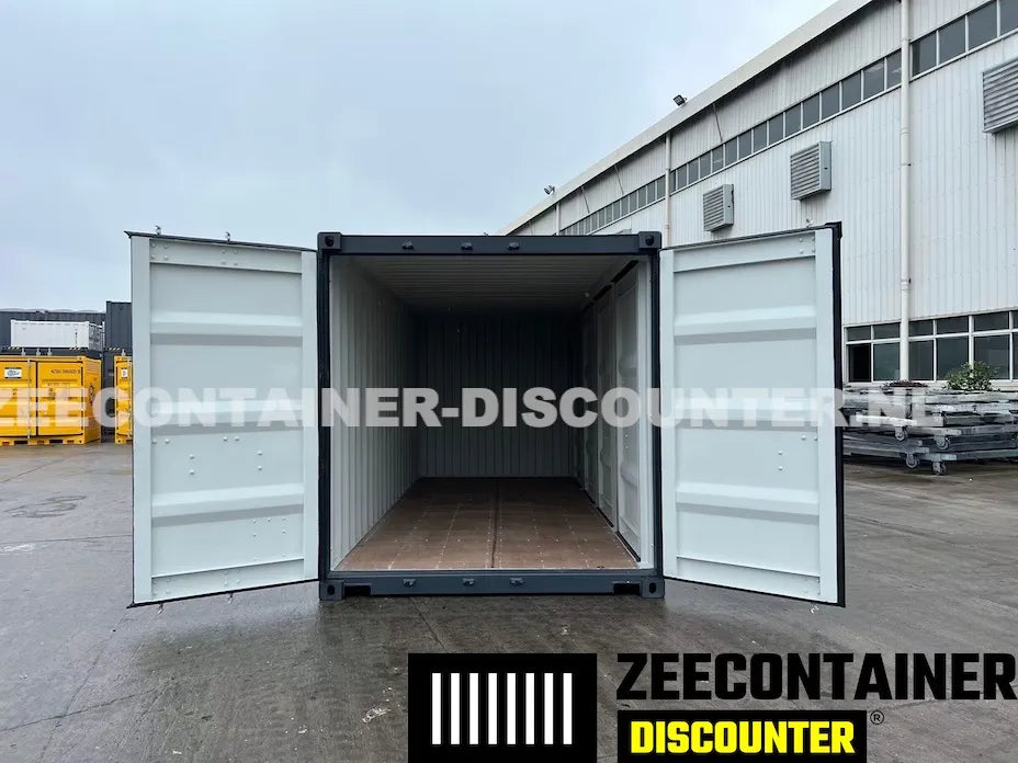 20ft Zeecontainer met 4 Zijdeuren – RAL 7016 Antracietgrijs – Nieuw (CSC) - Zeecontainer Discounter