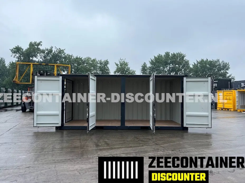 20ft Zeecontainer met 4 Zijdeuren – RAL 7016 Antracietgrijs – Nieuw (CSC) - Zeecontainer Discounter