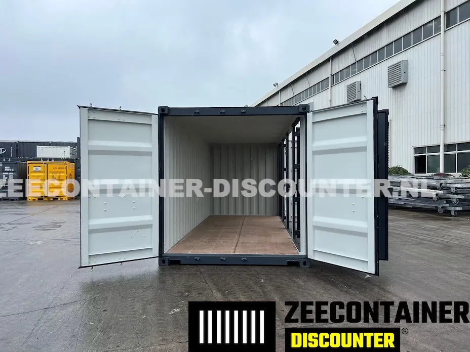 20ft Zeecontainer met 4 Zijdeuren – RAL 7016 Antracietgrijs – Nieuw (CSC) - Zeecontainer Discounter