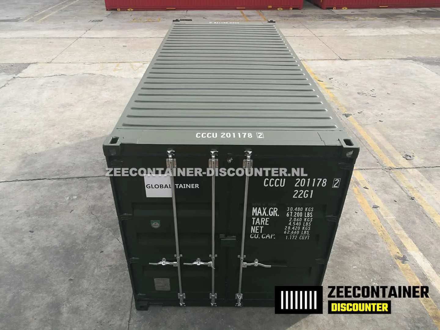 20ft Zeecontainer (Dry Van) – RAL 6007 Flessengroen – Nieuw Zeecontainer Discounter