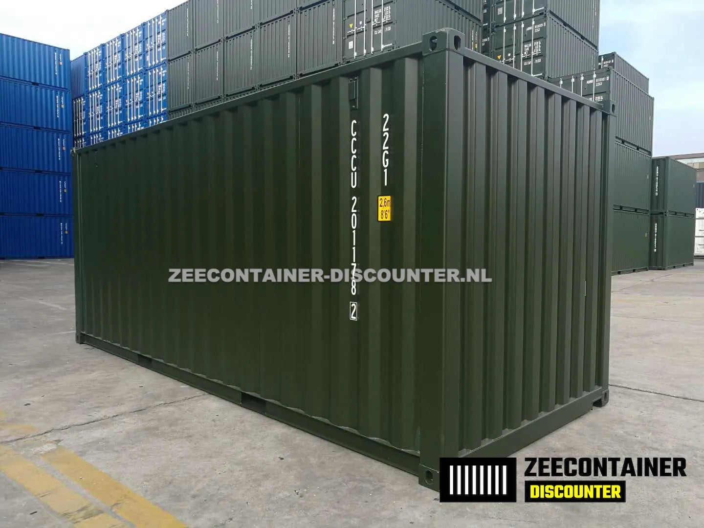20ft Zeecontainer (Dry Van) – RAL 6007 Flessengroen – Nieuw Zeecontainer Discounter