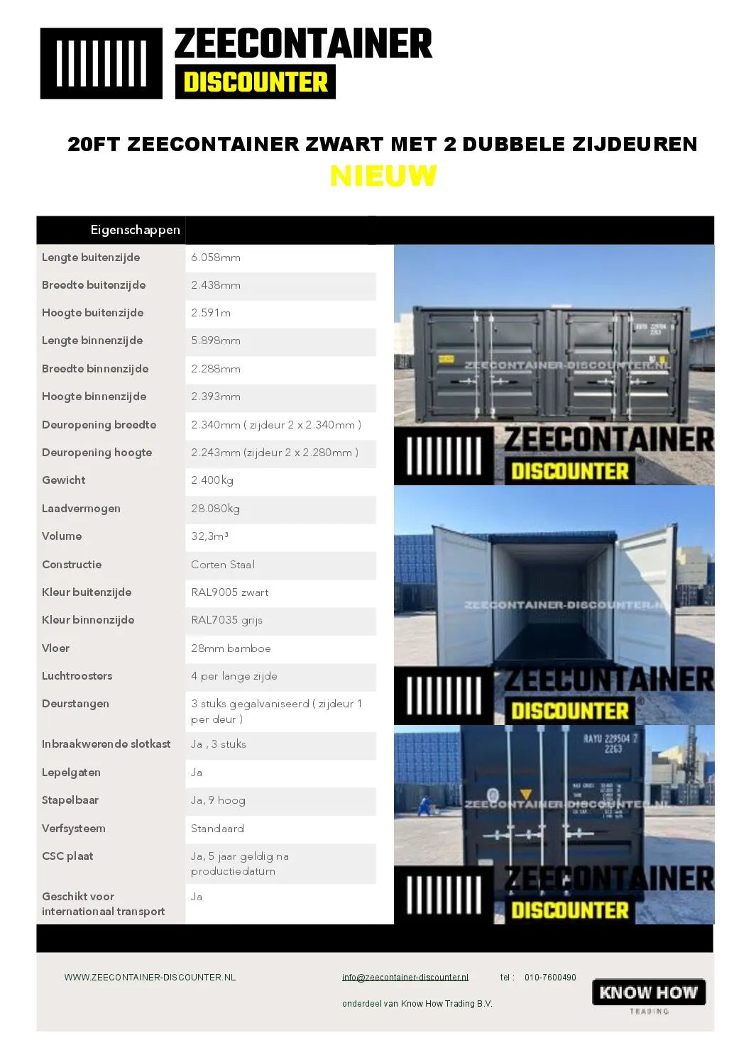 20ft met 2 zijdoorgangen (elk dubbeldeurs) - RAL 9005 – Nieuw (CSC) - Zeecontainer Discounter