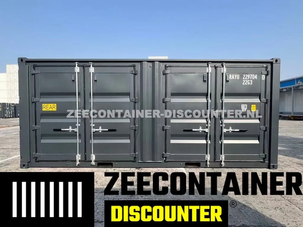 20ft met 2 zijdoorgangen (elk dubbeldeurs) - RAL 9005 – Nieuw (CSC) - Zeecontainer Discounter