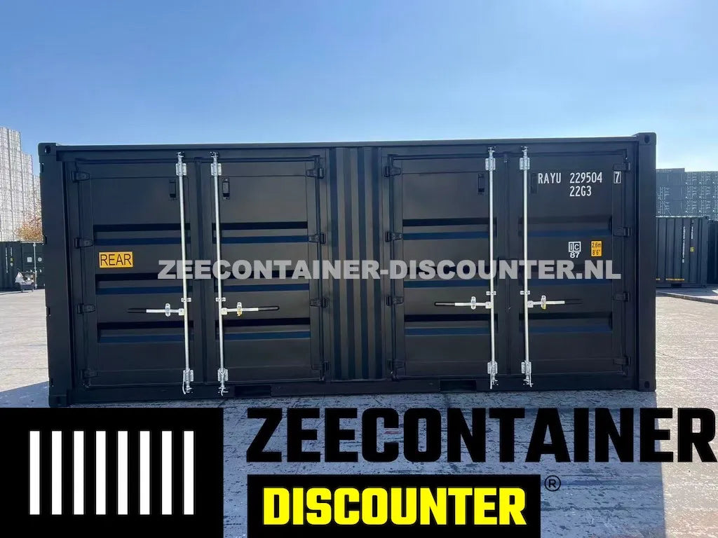 20ft met 2 zijdoorgangen (elk dubbeldeurs) - RAL 9005 – Nieuw (CSC) - Zeecontainer Discounter