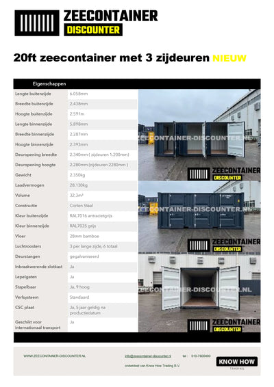 20ft Zeecontainer met 3 Zijdeuren – RAL 7016 Antracietgrijs – Nieuw (CSC) - Zeecontainer Discounter
