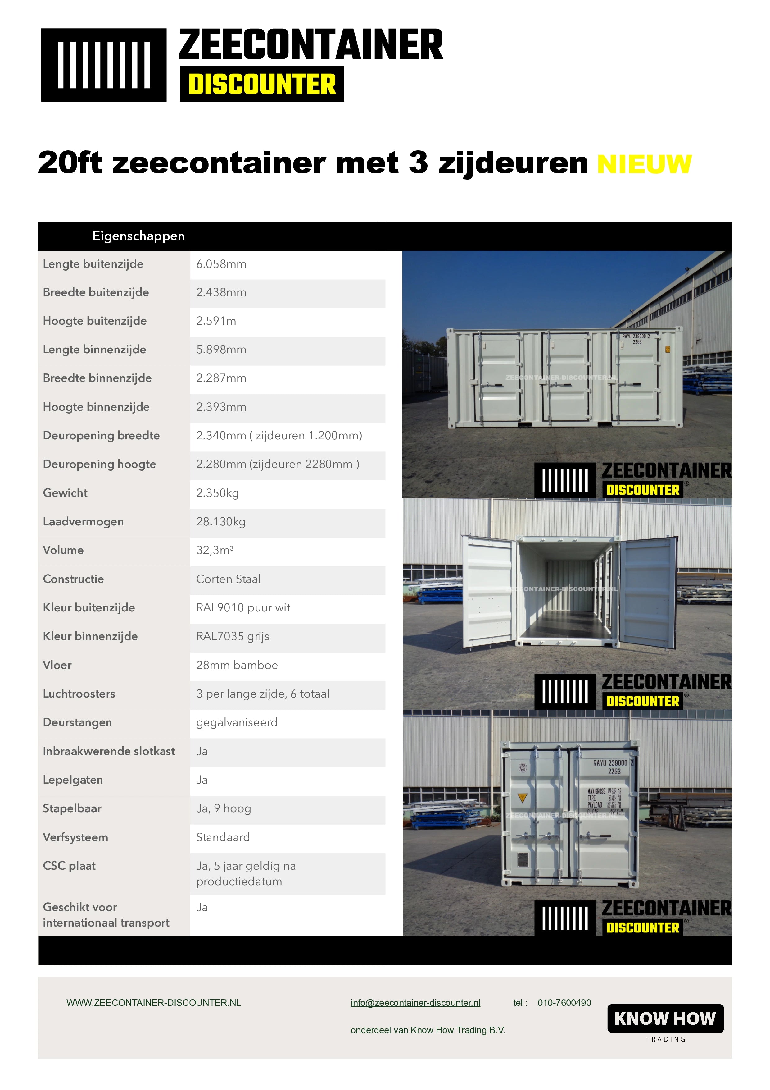 20ft Zeecontainer met 3 Zijdeuren – RAL 9010 Wit – Nieuw (CSC) - Zeecontainer Discounter