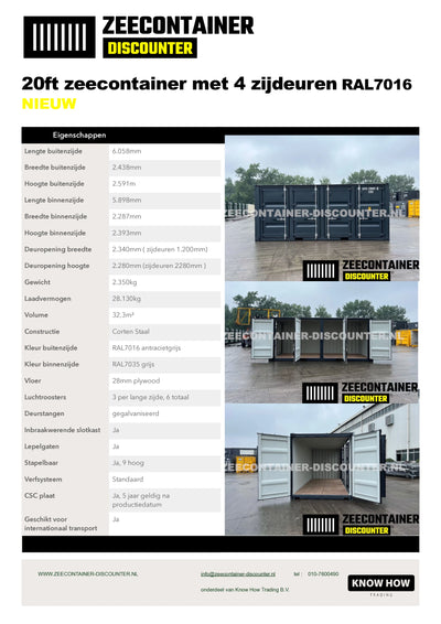 20ft Zeecontainer met 4 Zijdeuren – RAL 7016 Antracietgrijs – Nieuw (CSC) - Zeecontainer Discounter