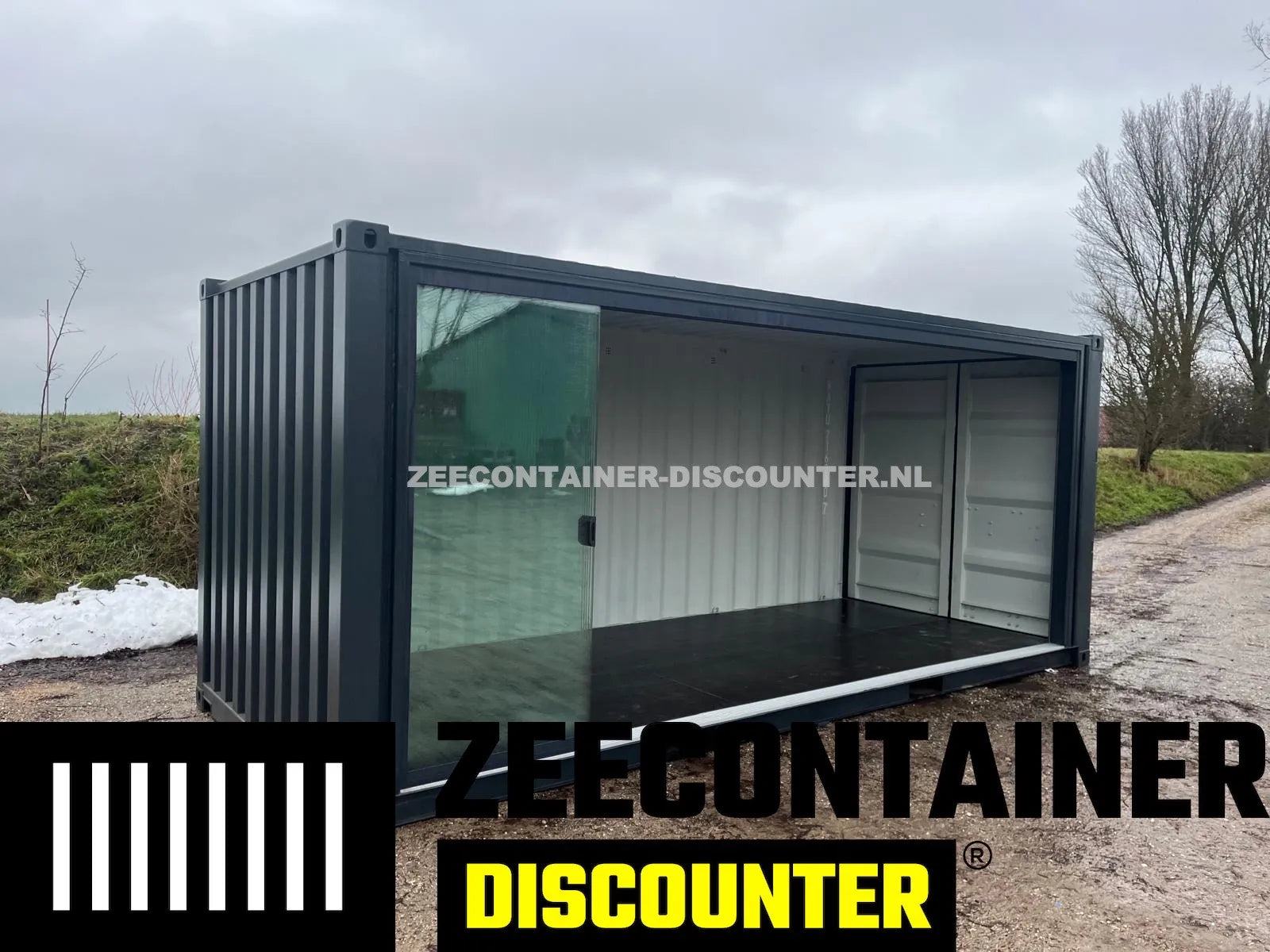 20ft Zeecontainer met Glazen Schuifpui Zonder Middenstaander – Premium Uitvoering Zeecontainer Discounter