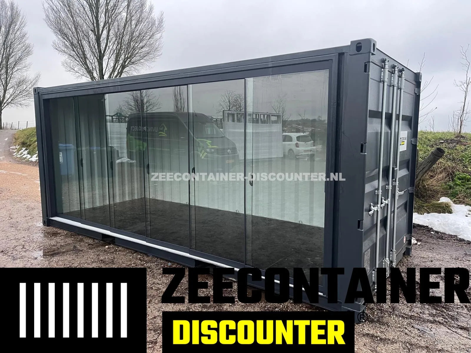 20ft Zeecontainer met Glazen Schuifpui Zonder Middenstaander – Premium Uitvoering Zeecontainer Discounter