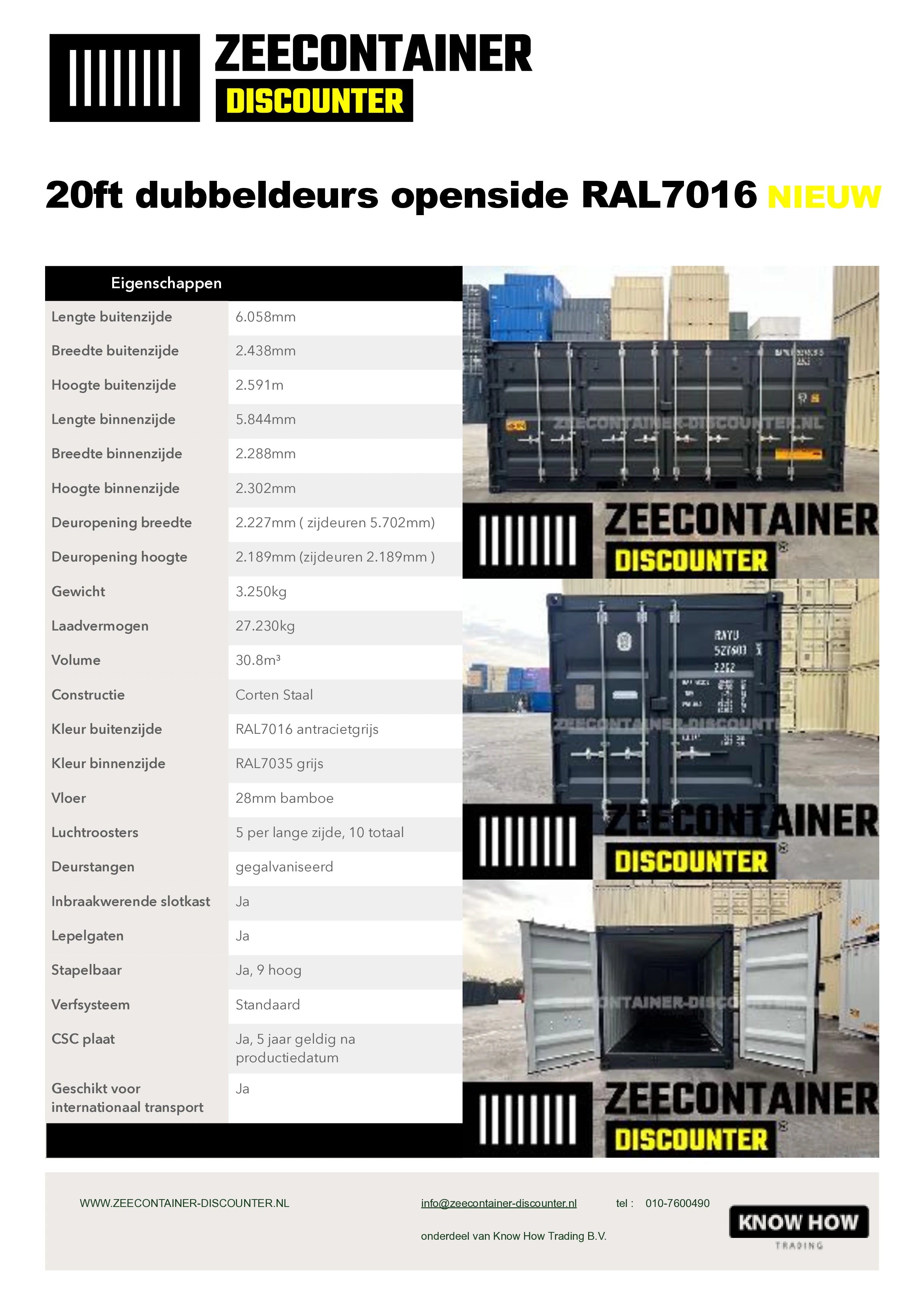 20ft Dubbeldeurs Open-Side (HC-FSA) – Zeecontainer RAL 7016 – Nieuw (CSC) Zeecontainer Discounter