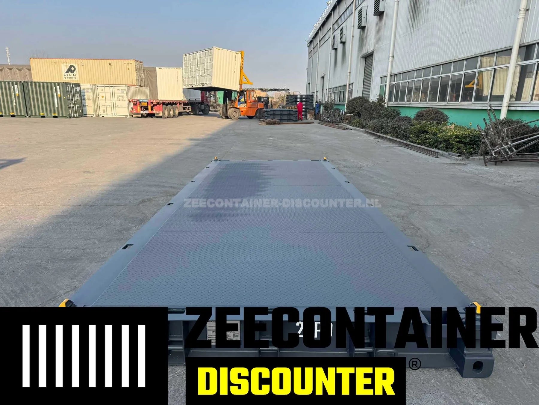 20ft Platform container – RAL 7016 Antracietgrijs – Nieuw (CSC) Zeecontainer Discounter