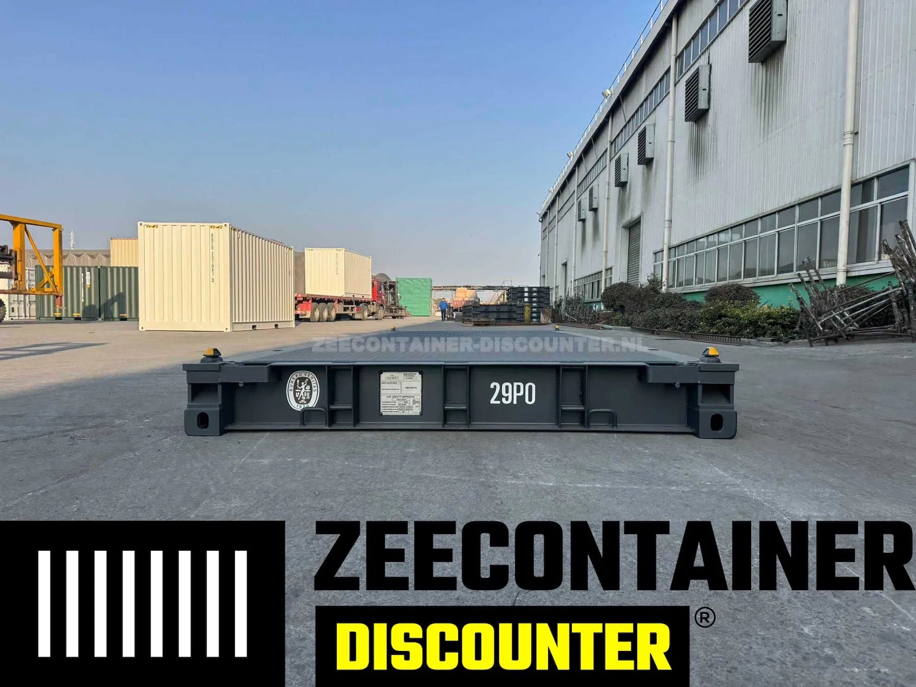 20ft Platform container – RAL 7016 Antracietgrijs – Nieuw (CSC) Zeecontainer Discounter
