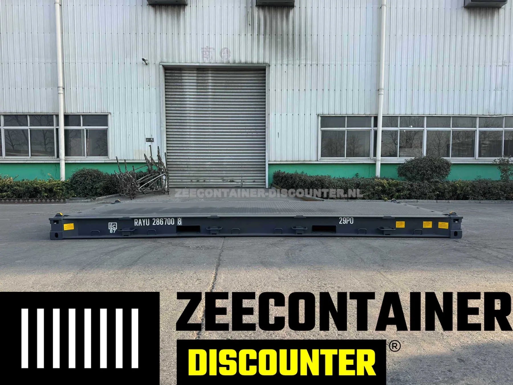 20ft Platform container – RAL 7016 Antracietgrijs – Nieuw (CSC) Zeecontainer Discounter