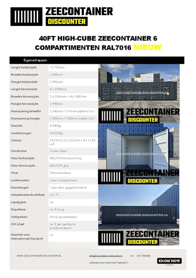 40ft High-Cube met 6 Compartimenten – Zeecontainer RAL 7016 – Nieuw (CSC) - Zeecontainer Discounter