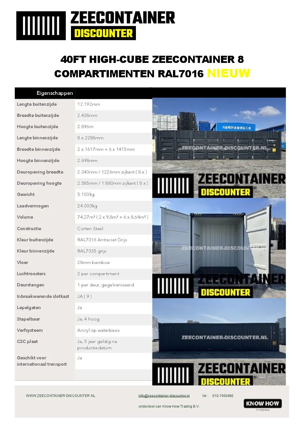 40ft High-Cube met 8 Compartimenten – Zeecontainer RAL 7016 – Nieuw (CSC) Zeecontainer Discounter