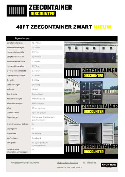 40ft Zeecontainer (Dry Van) – RAL 9005 Gitzwart – Nieuw Zeecontainer Discounter