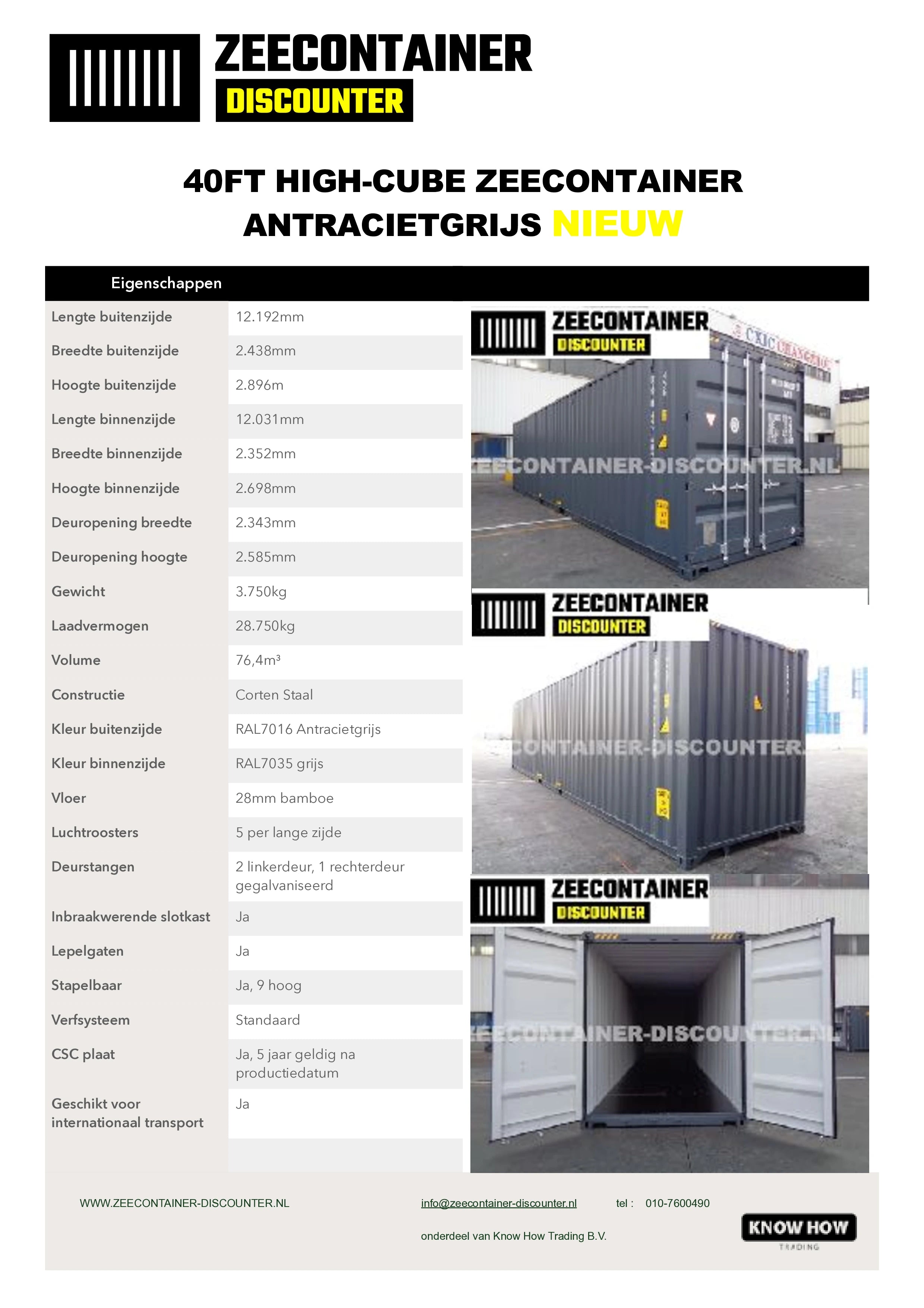 40ft High-Cube Zeecontainer – RAL 7035 Lichtgrijs – Nieuw (CSC) - Zeecontainer Discounter