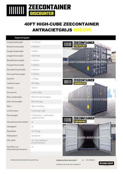 40ft High-Cube Zeecontainer – RAL 7035 Lichtgrijs – Nieuw (CSC) - Zeecontainer Discounter