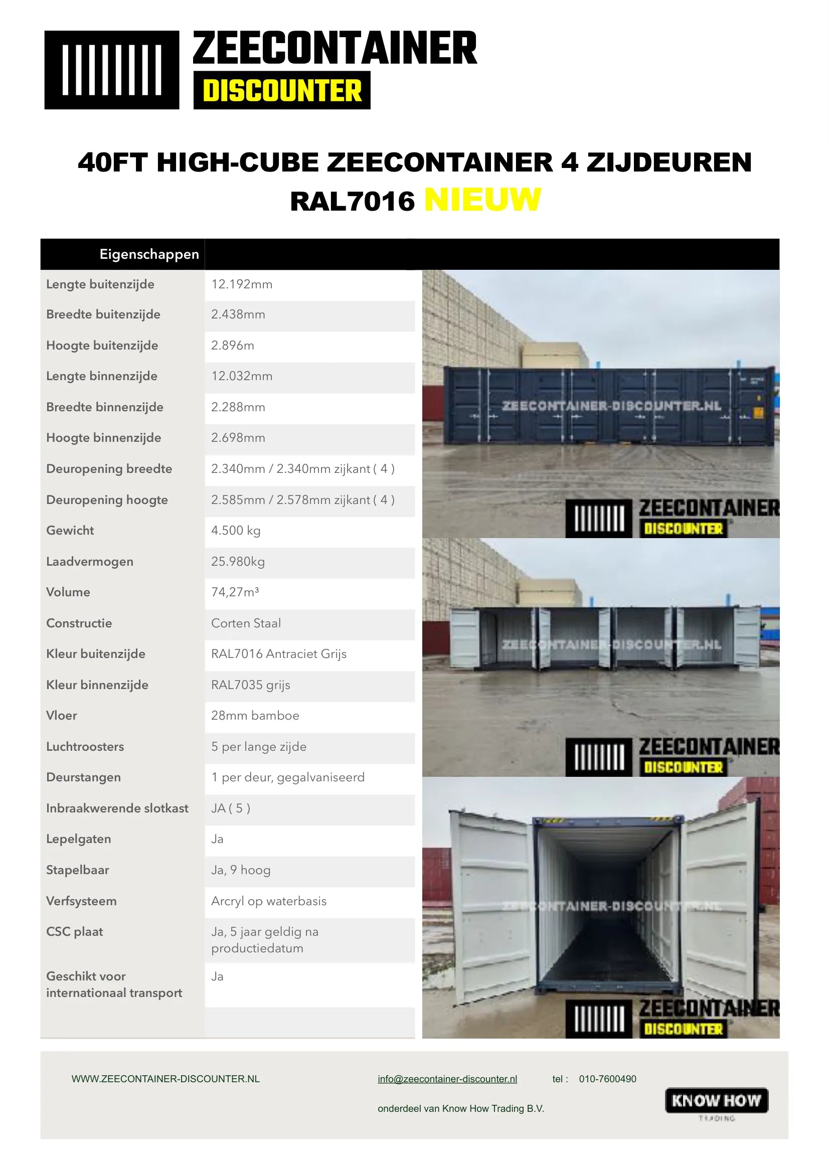 40ft High-Cube met 4 Zijdeuren – Zeecontainer RAL 7016 – Nieuw (CSC) Zeecontainer Discounter