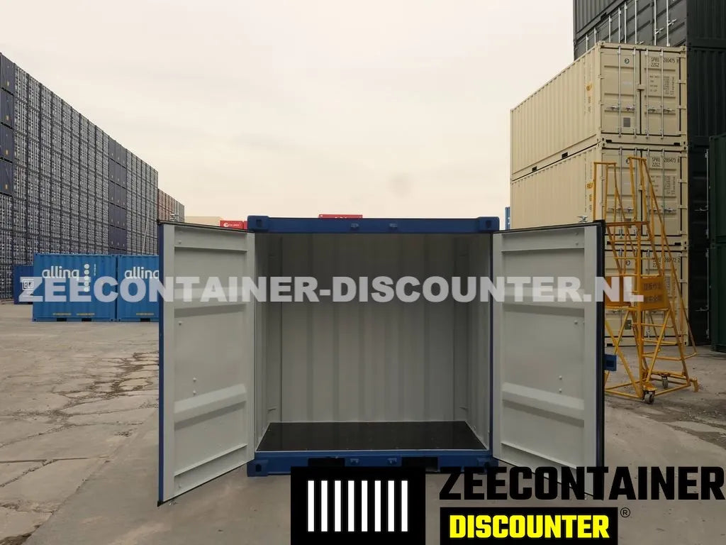 4ft opslagcontainer 2330kg Draagvermogen – RAL 5010 Blauw – Nieuw Zeecontainer Discounter