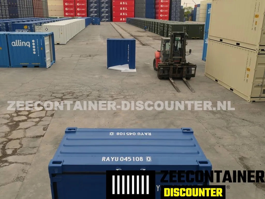 4ft opslagcontainer 2330kg Draagvermogen – RAL 5010 Blauw – Nieuw Zeecontainer Discounter