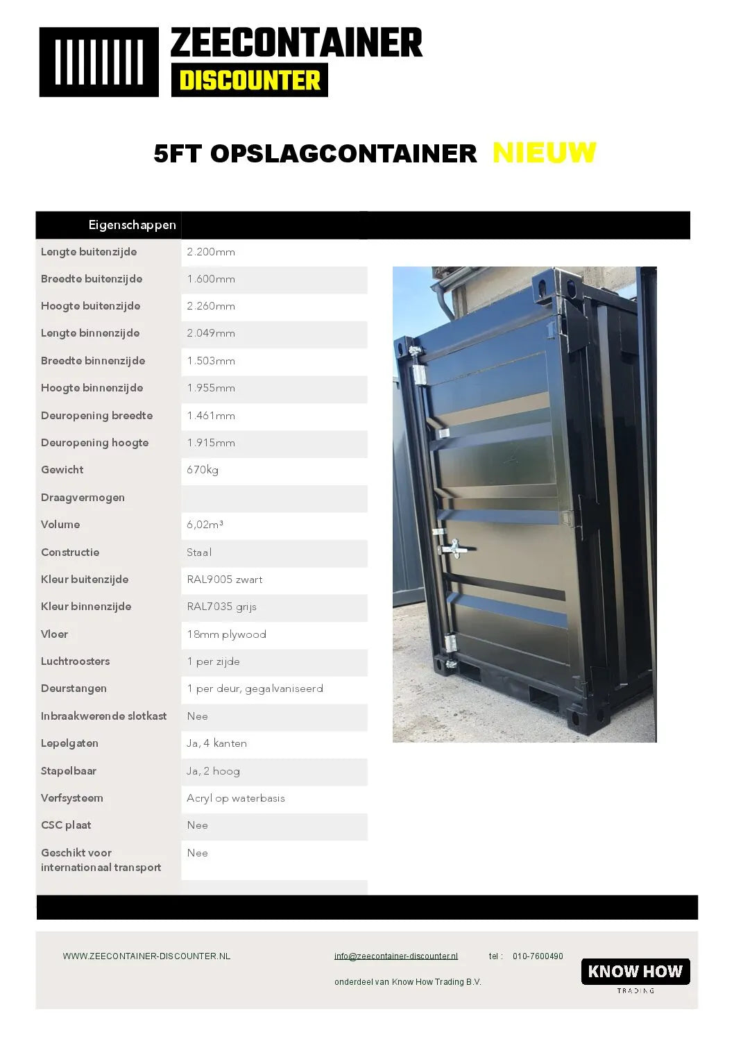 5ft opslagcontainer 1530kg Draagvermogen – RAL 9010 Zuiver wit – Nieuw - Zeecontainer Discounter