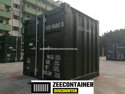 6ft Opslagcontainer in Cortenstaal – RAL 6007 Groen – Nieuw Zeecontainer Discounter
