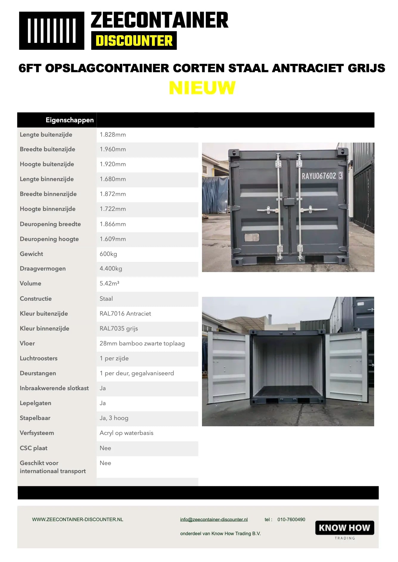 6ft Opslagcontainer in Cortenstaal – RAL 9005 Zwart – Nieuw - Zeecontainer Discounter