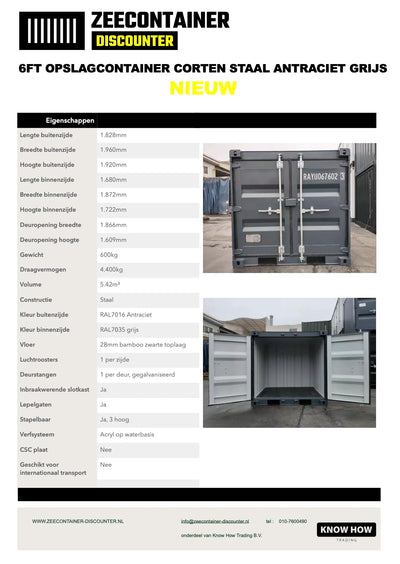 6ft Opslagcontainer in Cortenstaal – RAL 9005 Zwart – Nieuw - Zeecontainer Discounter