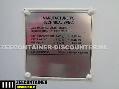 8ft Opslagcontainer 5100kg Draagvermogen met Slotkast – RAL 9010 – Nieuw - Zeecontainer Discounter