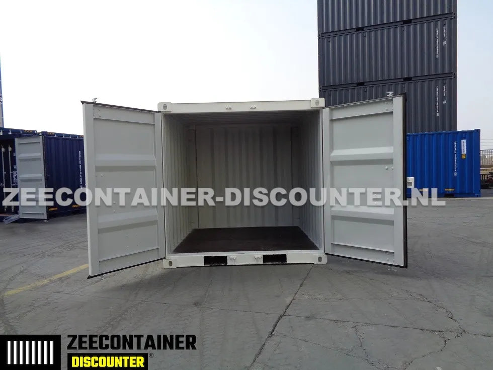 8ft Opslagcontainer 5100kg Draagvermogen met Slotkast – RAL 9010 – Nieuw - Zeecontainer Discounter
