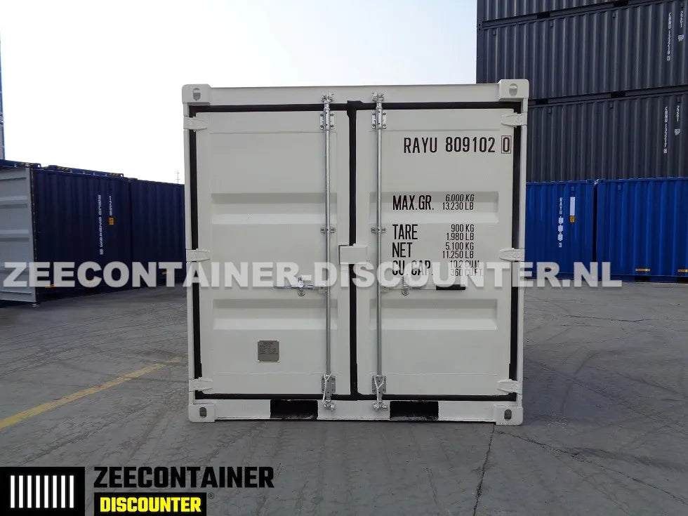 8ft Opslagcontainer 5100kg Draagvermogen met Slotkast – RAL 9010 – Nieuw - Zeecontainer Discounter