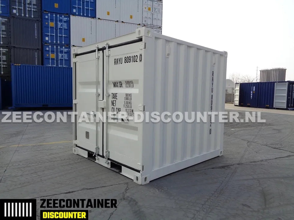 8ft Opslagcontainer 5100kg Draagvermogen met Slotkast – RAL 9010 – Nieuw - Zeecontainer Discounter
