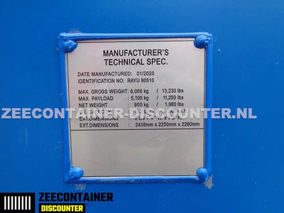 8ft Opslagcontainer 5100kg Draagvermogen met Slotkast – RAL 5010 – Nieuw - Zeecontainer Discounter