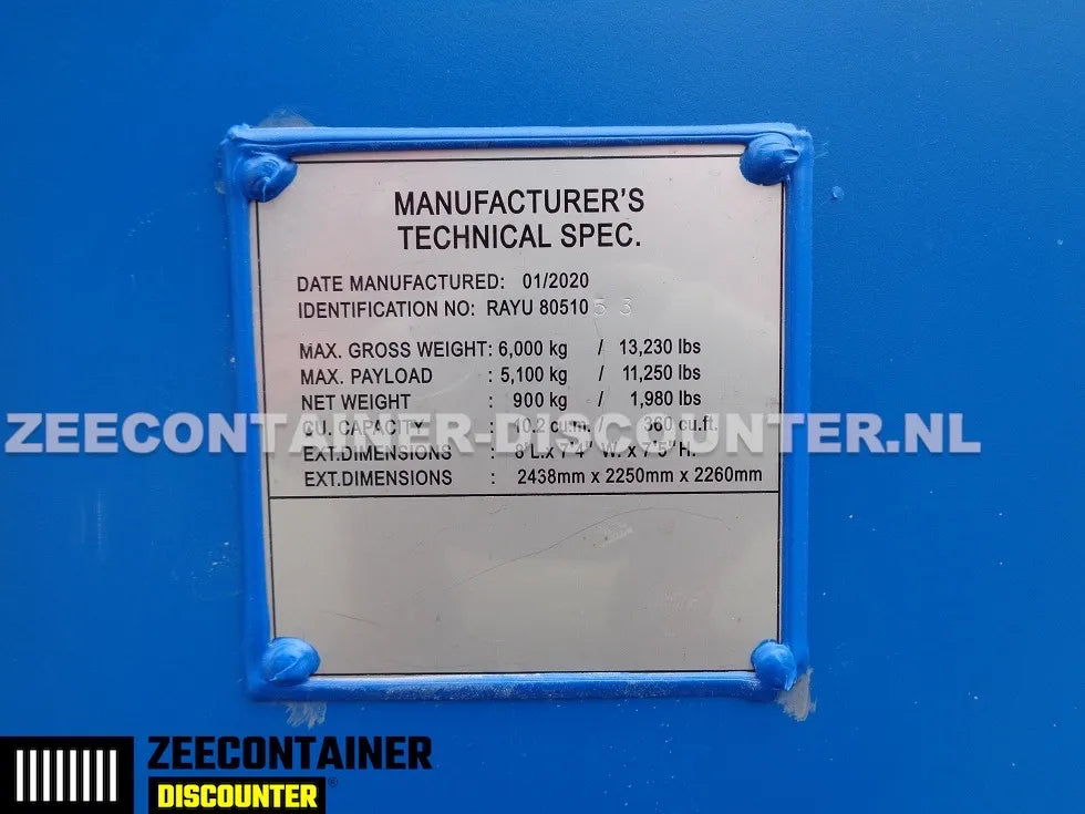 8ft Opslagcontainer 5100kg Draagvermogen met Slotkast – RAL 5010 – Nieuw - Zeecontainer Discounter