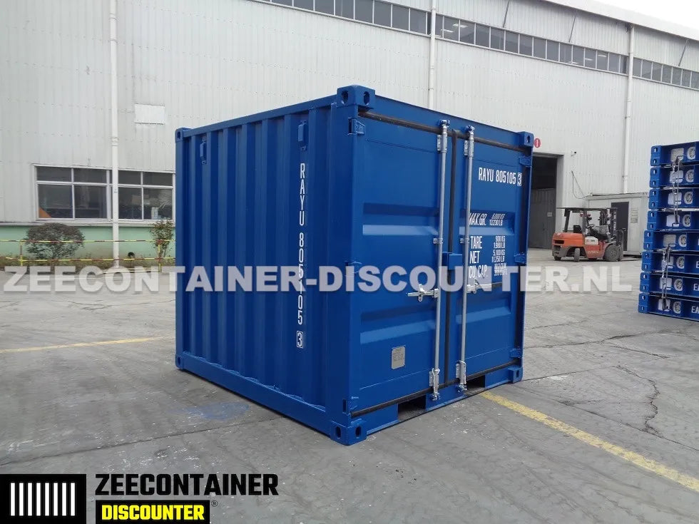 8ft Opslagcontainer 5100kg Draagvermogen met Slotkast – RAL 5010 – Nieuw - Zeecontainer Discounter
