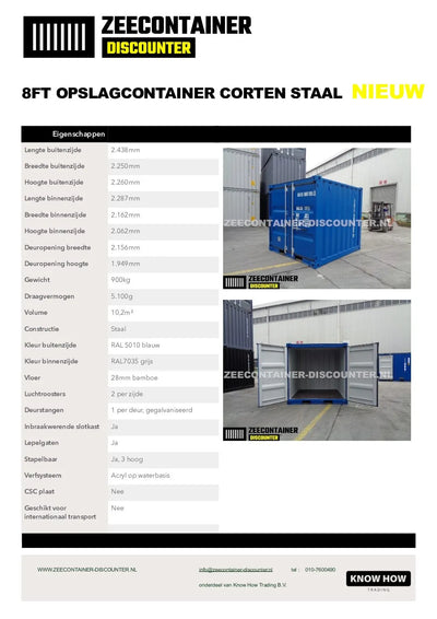 8ft Opslagcontainer 5100kg Draagvermogen met Slotkast – RAL 5010 – Nieuw - Zeecontainer Discounter