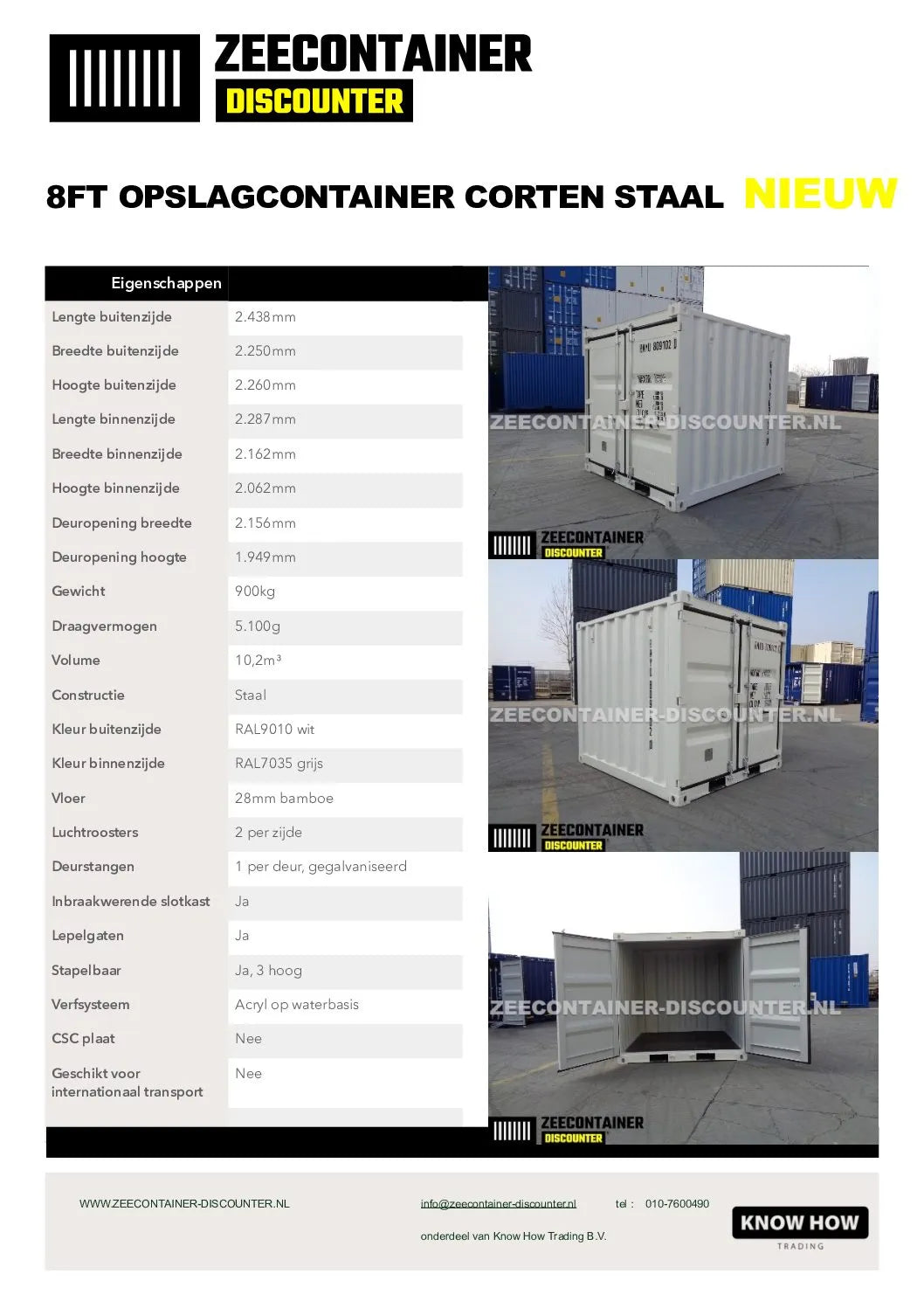8ft Opslagcontainer 5100kg Draagvermogen met Slotkast – RAL 9010 – Nieuw - Zeecontainer Discounter