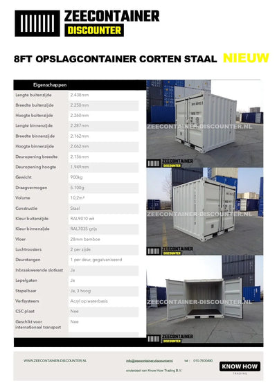 8ft Opslagcontainer 5100kg Draagvermogen met Slotkast – RAL 9010 – Nieuw - Zeecontainer Discounter