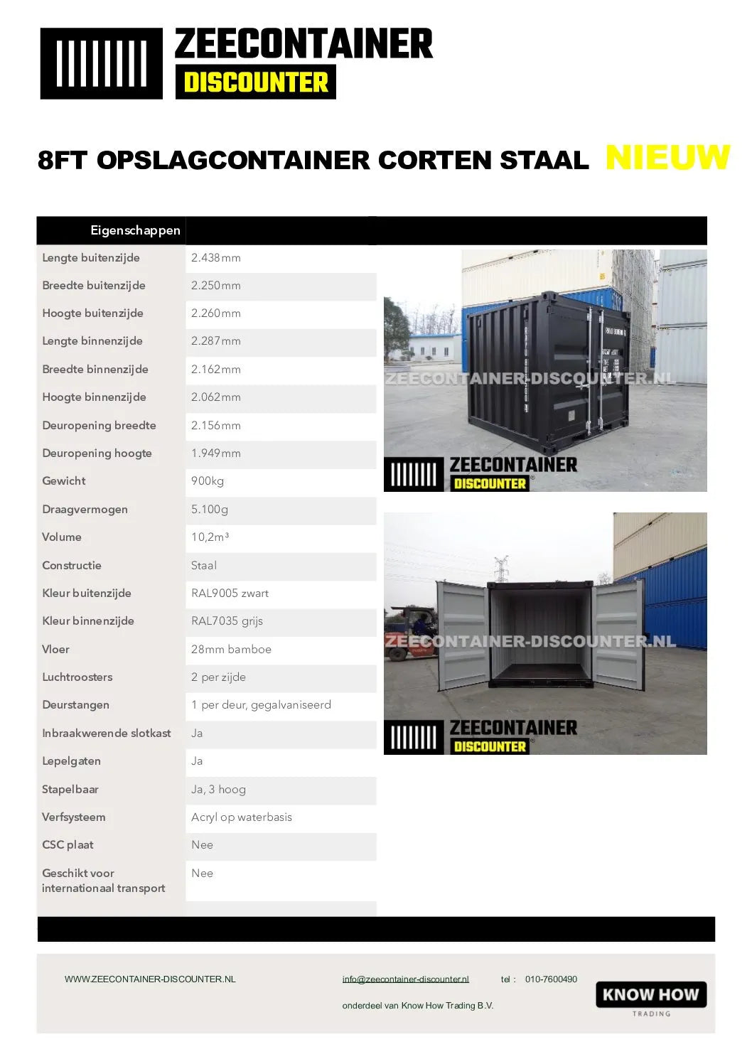 8ft Opslagcontainer 5100kg Draagvermogen met Slotkast – RAL 9005 – Nieuw Zeecontainer Discounter