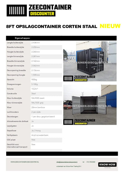 8ft Opslagcontainer 5100kg Draagvermogen met Slotkast – RAL 9005 – Nieuw Zeecontainer Discounter